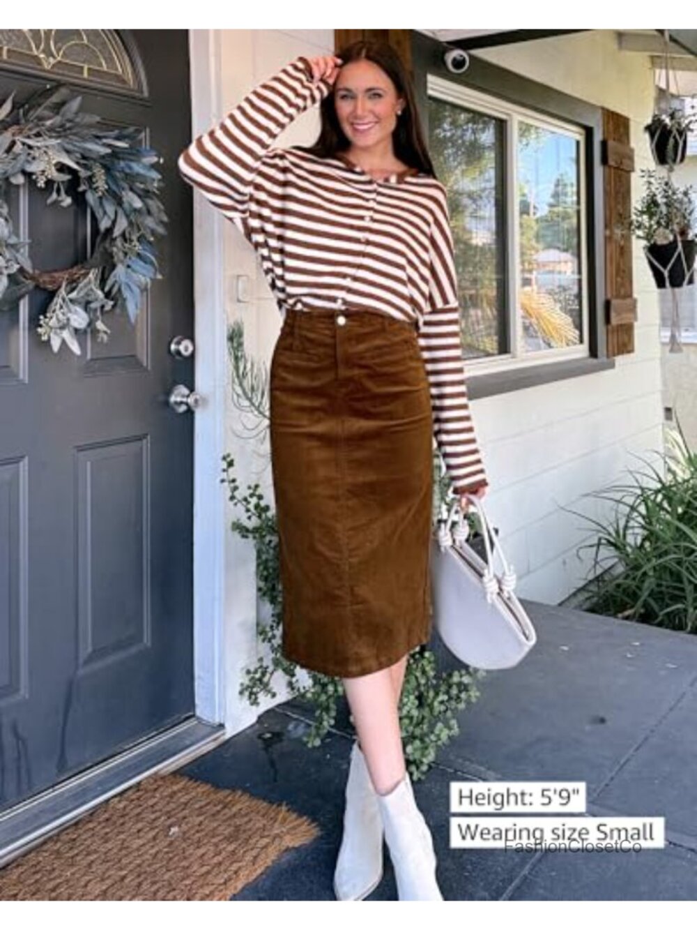 Corduroy Midi Skirt High Waisted Elastic Waist Pockets Stretchy - Picture 4 of 6
